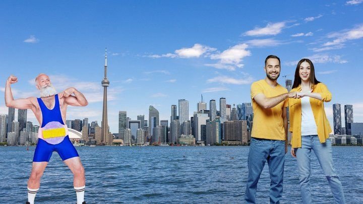 A bearded senior flexing in a blue wrestling singlet and a young couple sharing a fist bump, with Toronto in the background