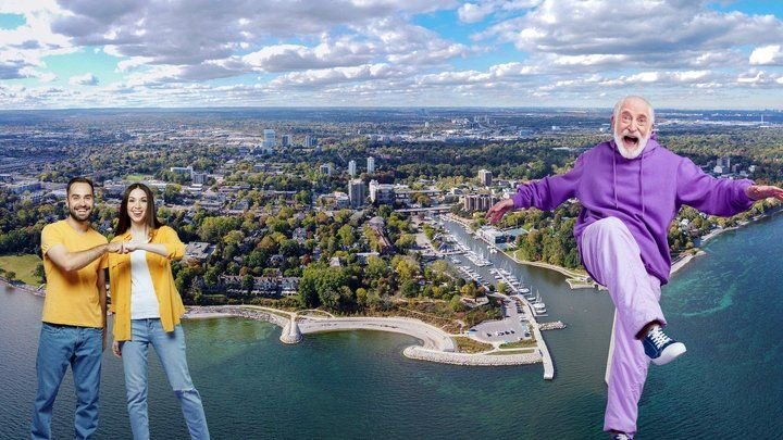 In front of an Oakville view: a young couple sharing a fist bump and a senior in a purple tracksuit kicking up his heels