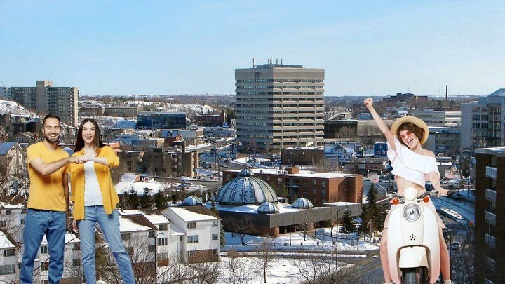 In front of a Greater Sudbury view: a young couple sharing a fist bump and a woman in a sun hat cheering from her scooter