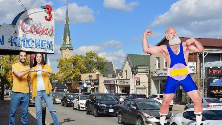 A young couple sharing a fist bump and a bearded senior flexing in a blue wrestling singlet in front of a Richmond Hill backdrop