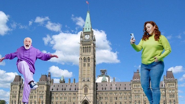 A senior in a purple tracksuit kicking up his heels and a smiling red-haired woman checking her phone against an Ottawa scene